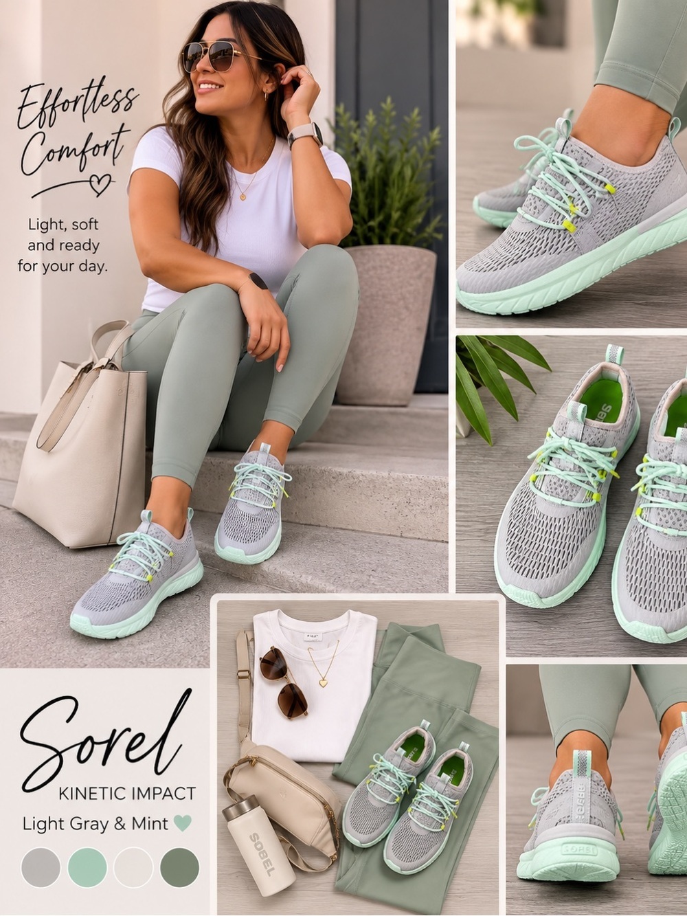 Sorel Kinetic Impact Light Gray & Mint Athletic Sneakers Women’s Size 9 Seafoam